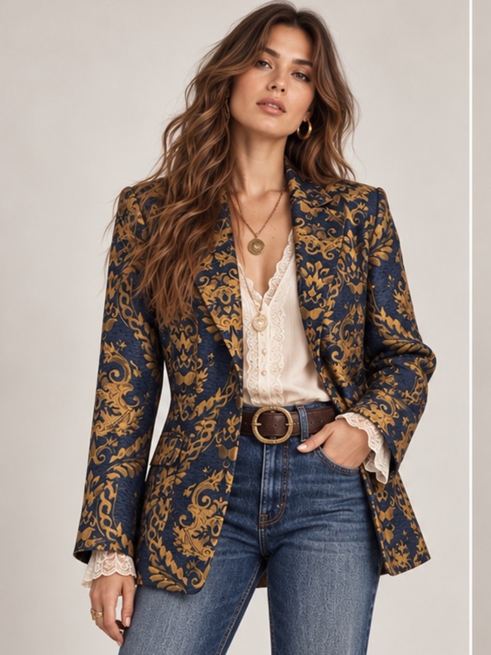 VENUS Navy Gold Baroque Jacquard Wimsigoth Dark Academia Royal Blazer Size 10